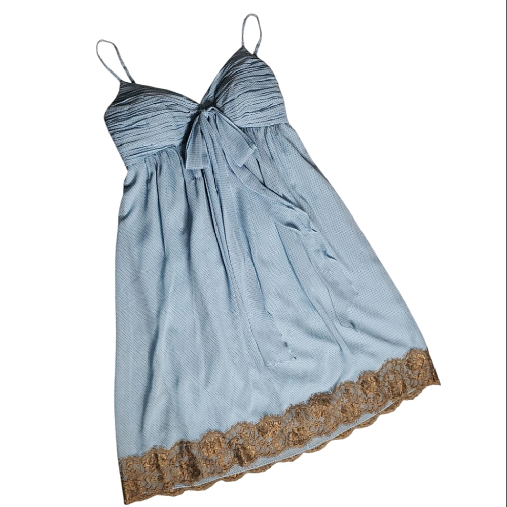 BCBG Paris Silk Chiffon Mini Polka-dot Rouched Bow Event Something Blue 6